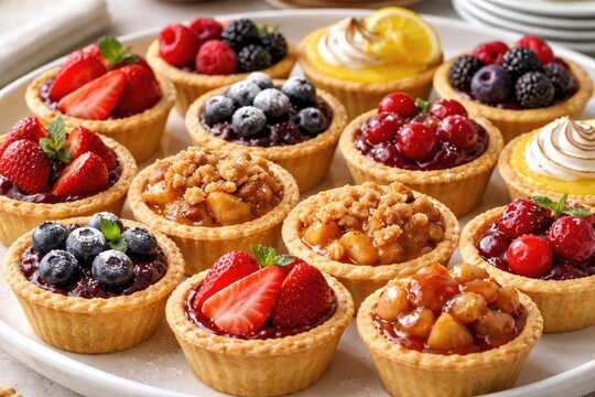 Delicious mini fruit pies with diverse fruity fillings in crisp golden crusts suitable for dessert buffets and catering occasions