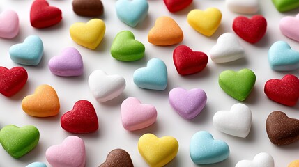 A bunch of colorful hearts are scattered across a white background. The hearts are of different colors and sizes, creating a vibrant and cheerful scene. Concept of joy and happiness