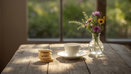 Breakfast setting featuring milk and biscuits in a rustic environment, highlighting natural simplicity