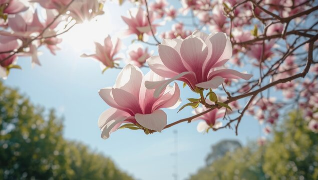 Magnolia blossoms on a tree with a clear summer sky behind, highlighting natural floral display during spring, Earth Day - Powered by Adobe