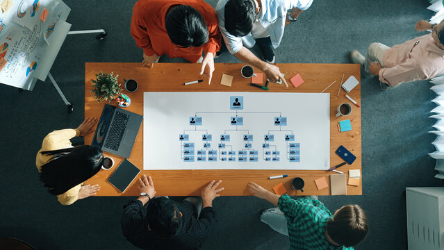 A diverse team collaborates in a modern office, analyzing an organizational structure on a large chart. Digital tools enhance brainstorming and strategy sessions. Trope