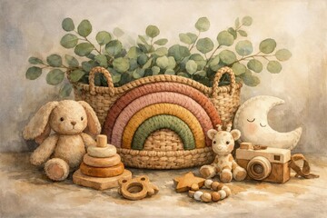 Hand painted boho nursery watercolor art featuring eucalyptus rainbow basket and baby toys on white