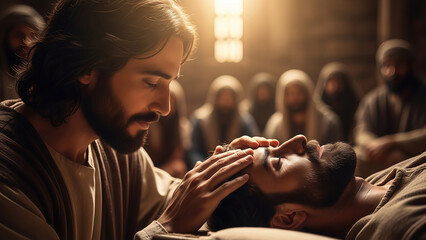 Jesus healing a man while surrounded by disciples in a dimly lit room  