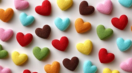 A colorful assortment of hearts made of different colored doughnuts. The doughnuts are arranged in a pattern, with some overlapping and others standing alone. Scene is cheerful and playful