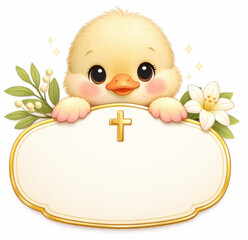 Cheerful Easter duck with soft wings and floral Christian decor around blank banner..Use for church flyers, Easter brunch invites, or springtime kids&rsquo; designs.