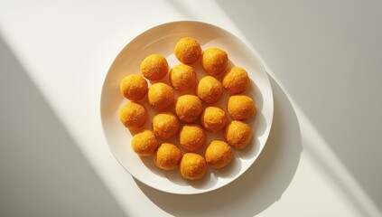 Fototapeta premium Motichoor Ladoo, a festive Indian sweet, arranged on a plain white surface for cultural display