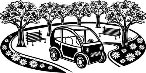 Electric Car Drive Through Blooming Spring City Park