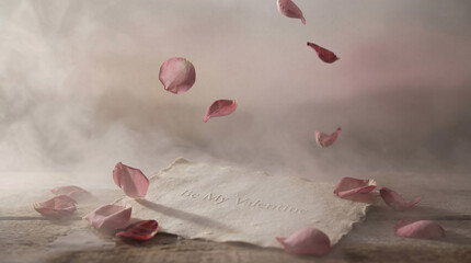 Falling pink rose petals over a vintage parchment note with Be My Valentine text
