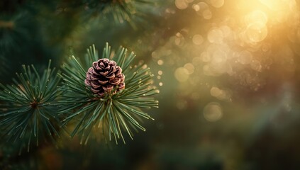 Detailed view of a pine cone attached to a tree branch, highlighting natural materials and seasonal change