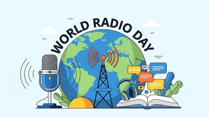 World radio day illustration with globe, microphone, and radio waves on light blue background