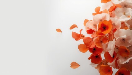 Detailed image of scattered orange and white petals resting on a dark backdrop, highlighting delicate floral arrangement