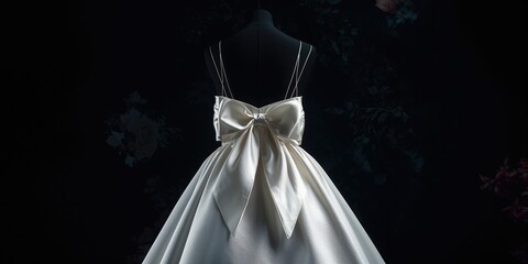 Bride's wedding dress features a white bow accent, suitable for fashion or bridal styling images