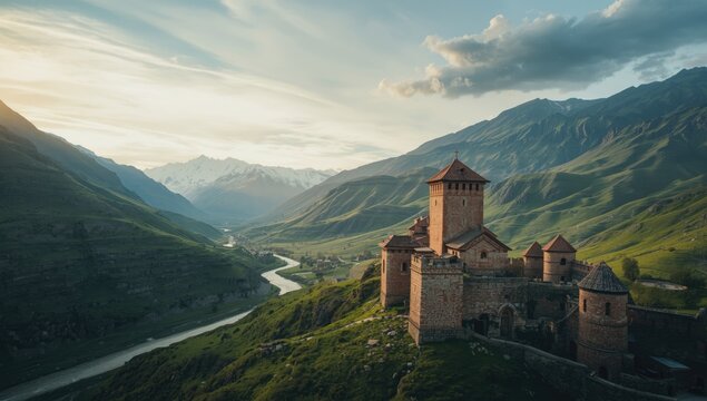 North Ossetia's mountain scenery with ancient structures viewed from above, highlighting architectural heritage