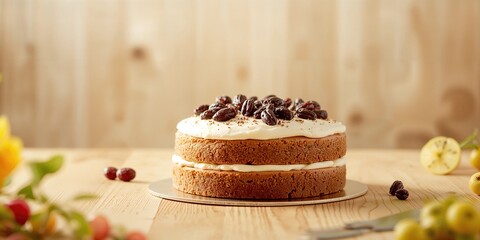 Close-up of a rustic homemade cake with raisins placed on a wooden background, suitable as a baking tutorial background