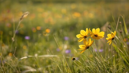 Yellow sulfur cosmos flowers blooming in a park landscape, ideal for editorial header backgrounds
