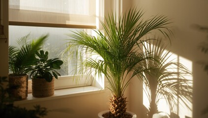Fototapeta premium Potted cycad in a houseplant arrangement on a window ledge, highlighting interior greenery and maintenance
