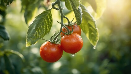 Obraz premium Tomatoes on plant, illustrating harvesting for food preparation