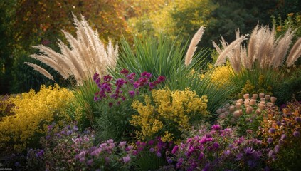 Colorful fall planting featuring purple aster, goldenrod, epiphytic aster, and tall moor grass, garden aesthetics