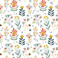 Seamless Scandinavian floral pattern with flowers in pencil, chalk style Folk botanical shapes, pastel colors, textured strokes. Cozy vector background for fabric prints, home decor, modern design