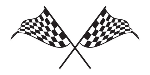 Two crossed race flags with chequered black and white print. Start or finish symbol on sport car competition. Rally, karting or motocross props. Victory or success sign. Vector graphic illustration