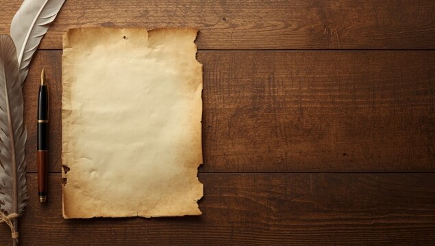 Flat lay of historical paper and feather on rustic wood, ideal for retro design projects