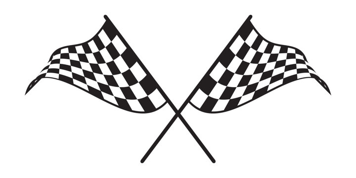 Two crossed race flags with chequered black and white print. Start or finish symbol on sport car competition. Rally, karting or motocross props. Victory or success sign. Vector graphic illustration