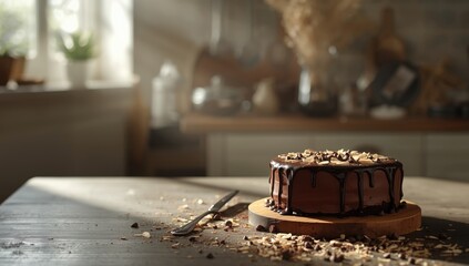 Decadent chocolate cake with layered frosting, highlighting dessert richness and moist crumb for sweet cravings