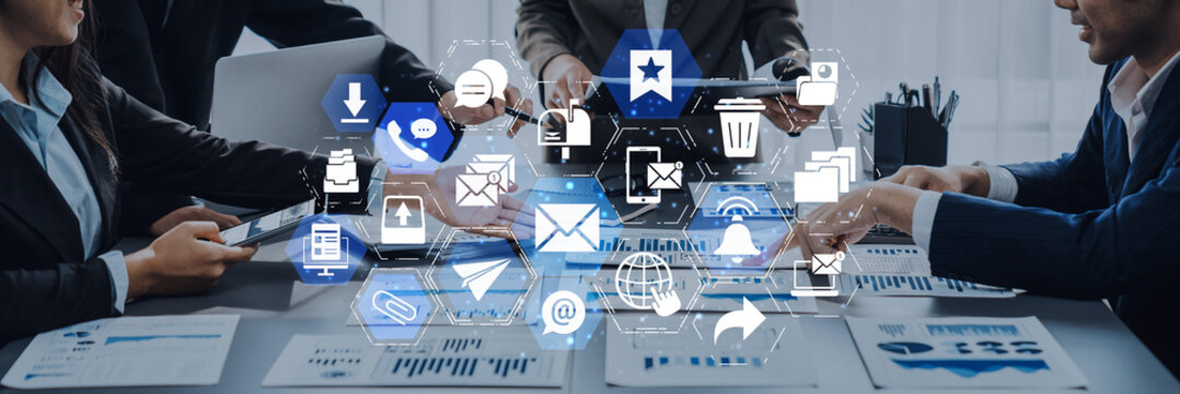 Email icons show digital communication, email service, and inbox management. Email supports online messaging, email notification, and secure exchange. Entice - Powered by Adobe