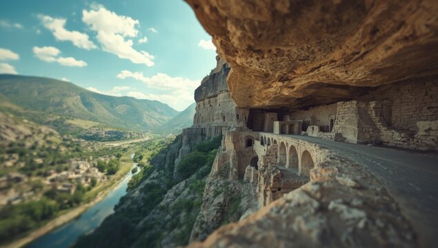 Uplistsikhe cave complex seen from above emphasizing archaeological preservation, Georgia