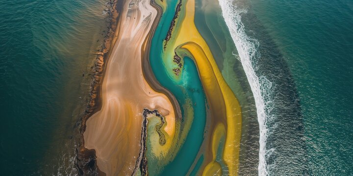 A tilted high aerial view of a river mouth discharging runoff into the ocean with layered concentric color rings, erosion risk