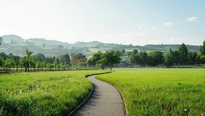 Naklejka premium Limited road surrounded by lush foliage and structures, emphasizing urban natural landscape