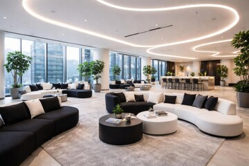 Glowing modern office lounge with open concept and contrasting black and white furniture
