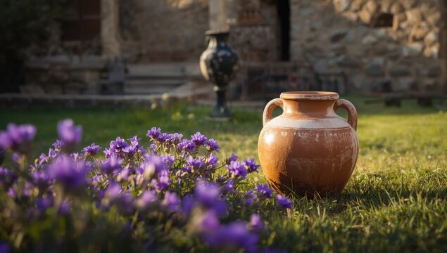 Old Greek amphora with purple blossoms in a yard setting, highlighting traditional food and water containers, Earth Day