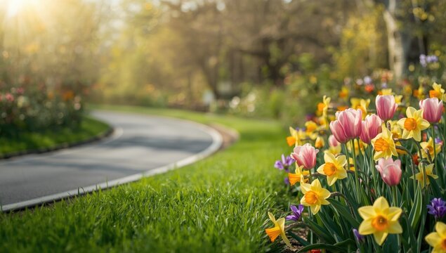 Botanical scene featuring pink tulips and yellow daffodils, suitable as background for floral layouts and seasonal planting - Powered by Adobe