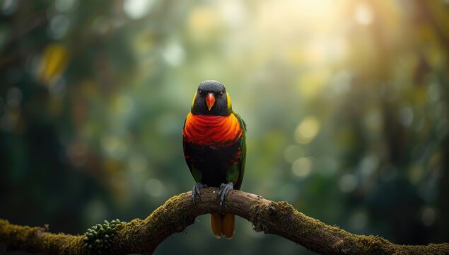 Lorius lory with distinctive black head perched outdoors, species protection, Earth Day