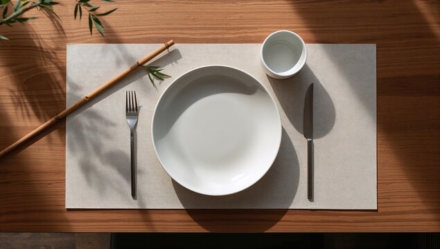 Contemporary table arrangement with sleek dinnerware and subtle decor, designed for modern meal presentations - Powered by Adobe