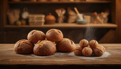 Artisan bakery display of organic whole-wheat sourdough bread buns stacked in a mini pile, highlighting natural ingredients