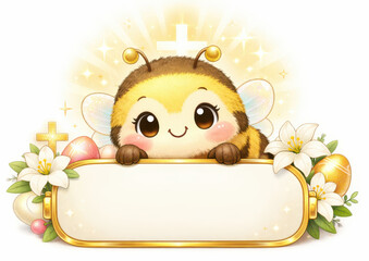 Adorable Easter bee with sparkly wings, golden cross, lilies, and eggs on a blank banner..Perfect for spring greeting cards, religious kids' content, or Easter product packaging.