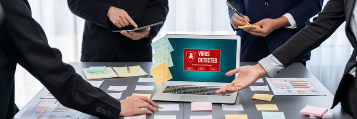 Analyst team use sticky note for creative and analytic brainstorm for business idea with BI data dashboard on laptop screen. Analysis financial data visualization tech for marketing strategy. Prodigy