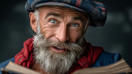 A man with a beard and a blue hat is reading a book. He has a smile on his face and his eyes are wide open