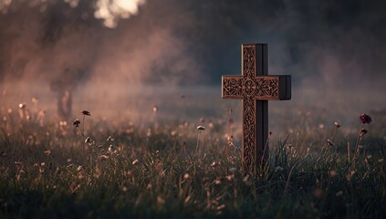 Religious cross depicted in cemetery or spiritual print designs, focusing on remembrance and faith