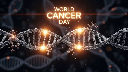 World cancer day awareness concept with glowing dna double helix structure on dark background with genetic codes
