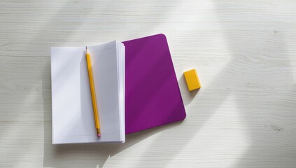 Purple notebook with a yellow pencil and eraser on a white wooden desk, used for note-taking or design, textured workspace, World Stationery Day