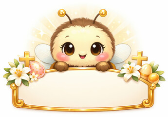 Smiling cartoon bee holding a blank gold-framed sign with Easter flowers and Christian symbols..Ideal for church flyers, Easter invites, or seasonal branding designs.