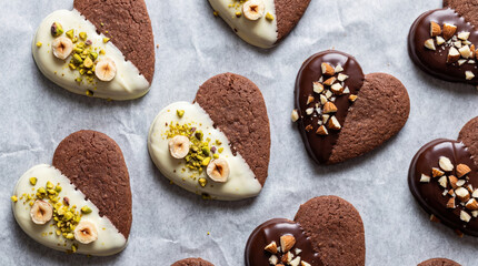 Fototapeta premium Heart-Shaped Chocolate Cookies Dipped in White and Dark Chocolate Topped with Pistachios and Almonds on Parchment Paper, Romantic Dessert for Valentine's Day