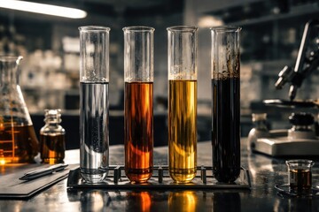 Petroleum refinement concept shown by glass test tubes with liquids on a chemistry lab surface
