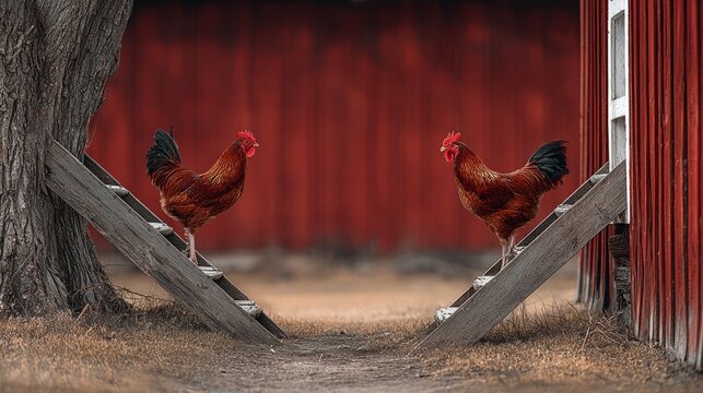 Two chickens are on a ladder, one on the left and one on the right. The ladder is wooden and the chickens are brown