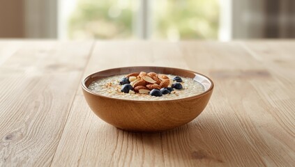 Healthy breakfast featuring wheat porridge with milk, blueberries, and almonds, served on a light wooden surface