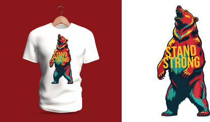 This vector T-shirt design presents a standing bear illustrated in bold red, teal, and yellow tones with stylized fur texture, upright posture, strong silhouette, and expressive details, accompanied © nicholasgeorgiou