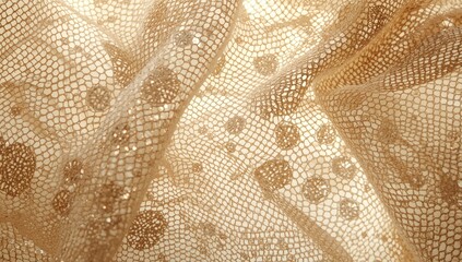 Fine lace fabric with a golden tone displaying detailed threadwork used as a backdrop in fabric design, World Textile Day